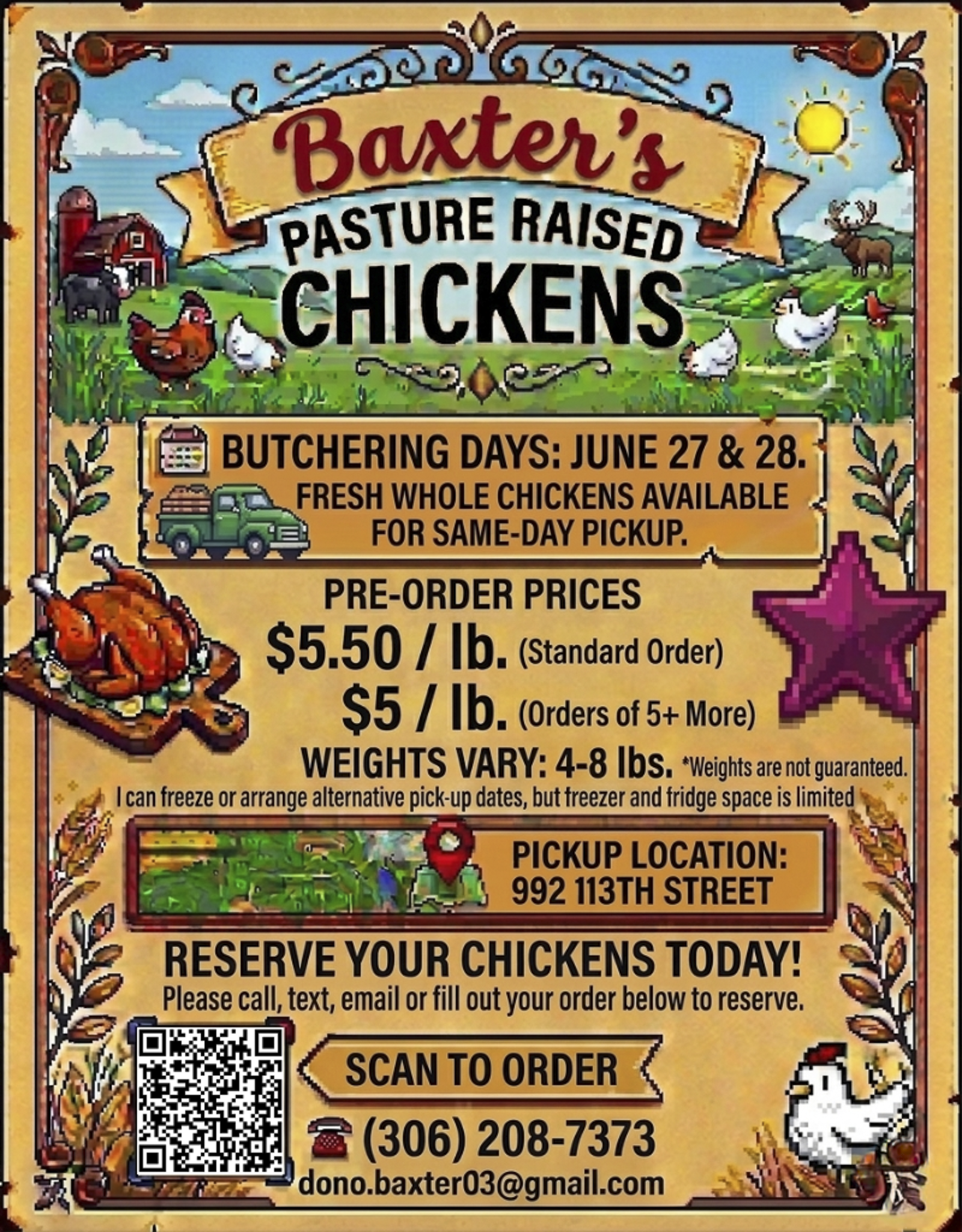 Baxter Pastures pasture-raised chickens flyer — butchering June 27 & 28, $5.50/lb standard or $5.00/lb for orders of 5+. Click to enlarge.
